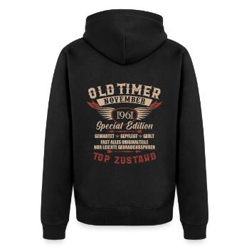 Oldtimer November 1961 Jahrgang Geburtstag - Unisex Premium Bio Zip Hoodie - Schwarz - Hinten - Nico (187cm)