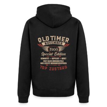 Oldtimer November 1969 Jahrgang Geburtstag - Unisex Premium Bio Zip Hoodie - Schwarz - Hinten - Nico (187cm)