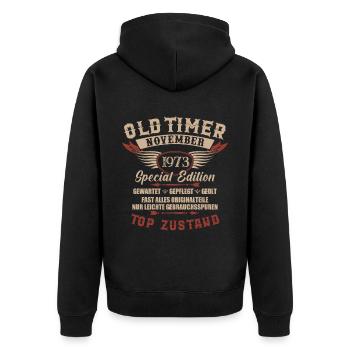 Oldtimer November 1973 Jahrgang Geburtstag - Unisex Premium Bio Zip Hoodie - Schwarz - Hinten - Nico (187cm)