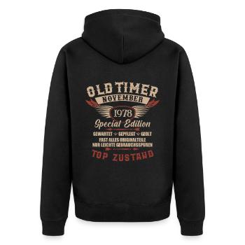 Oldtimer November 1978 Jahrgang Geburtstag - Unisex Premium Bio Zip Hoodie - Schwarz - Hinten - Nico (187cm)