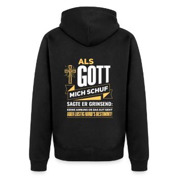 Witziger als Gott mich schuf Spruch - Unisex Premium Bio Zip Hoodie - Schwarz - Hinten - Nico (187cm)
