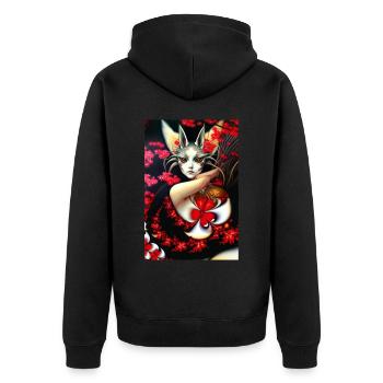 Kitsune Fuchsmaske und Kirschblüten - Unisex Premium Bio Zip Hoodie - Schwarz - Hinten - Nico (187cm)