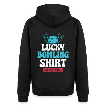 Bowling Smashing Pins - Do Not Wash Lucky Bowling - Unisex Premium Bio Zip Hoodie - Schwarz - Hinten - Nico (187cm)