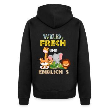 Wild Frech und Endlich 5 Jahre, 5. Geburtstag - Unisex Premium Bio Zip Hoodie - Schwarz - Hinten - Nico (187cm)