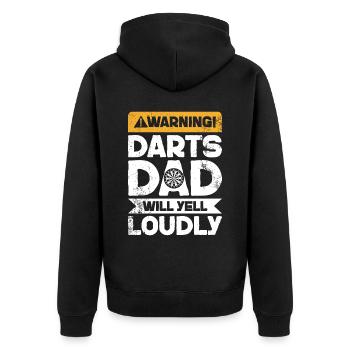 Warnschrei - Darts Dad - Unisex Premium Bio Zip Hoodie - Schwarz - Hinten - Nico (187cm)