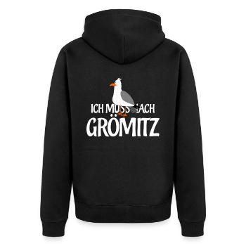 Ich muss nach Grömitz - Unisex Premium Bio Zip Hoodie - Schwarz - Hinten - Nico (187cm)