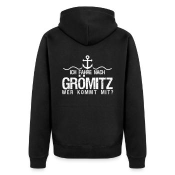 Grömitz Spruch - Unisex Premium Bio Zip Hoodie - Schwarz - Hinten - Nico (187cm)
