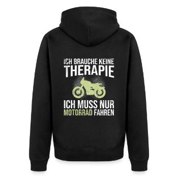 Motorrad Therapie Spruch - Unisex Premium Bio Zip Hoodie - Schwarz - Hinten - Nico (187cm)