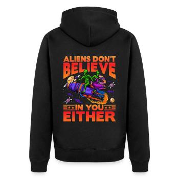 Aliens don't believe in you either - Unisex Premium Bio Zip Hoodie - Schwarz - Hinten - Nico (187cm)