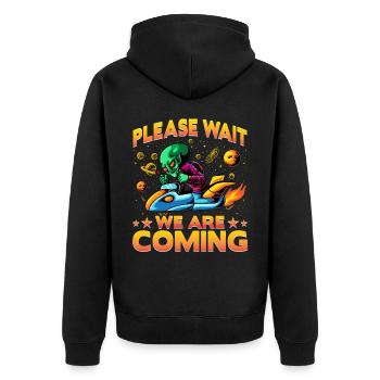 Please wait we are coming - Unisex Premium Organic Zip Hoodie - black - Back - Nico (187cm)