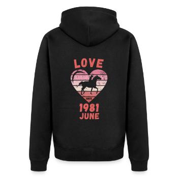 Love Horses Riding Anniversaire Juin 1981 - Veste à capuche bio Premium Unisexe - noir - Dos - Nico (187cm)