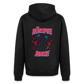 Kopfhörer Fragezeichen Hörbuch Hörspiel Junkie - Unisex Premium Bio Zip Hoodie - Schwarz - Hinten - Nico (187cm)