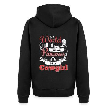 Witziges Cow-Girl Spruch Design - Unisex Premium Bio Zip Hoodie - Schwarz - Hinten - Nico (187cm)