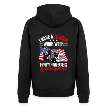 70 hours working week Patriotic Trucker - Unisex Premium Organic Zip Hoodie - black - Back - Nico (187cm)