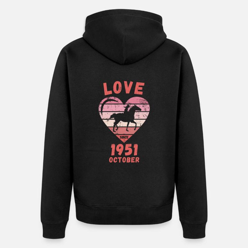 Amour Équitation Anniversaire Octobre 1951 - Veste à capuche bio Premium Unisexe - noir