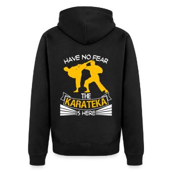 Karate Spruch Kampfsport - Unisex Premium Bio Zip Hoodie - Schwarz - Hinten - Nico (187cm)