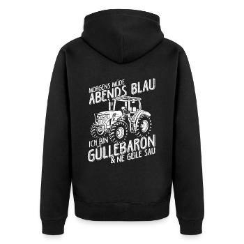 Morgens müde Abends Blau, Güllebaron und ne geile - Unisex Premium Bio Zip Hoodie - Schwarz - Hinten - Nico (187cm)