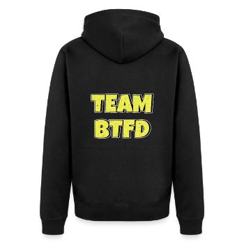 Team BTFD Buy The Dip Krypto Stonk Meme Lustig - Unisex Premium Bio Zip Hoodie - Schwarz - Hinten - Nico (187cm)