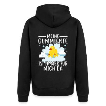 Meine Badeente ist immer für mich da - Unisex Premium Bio Zip Hoodie - Schwarz - Hinten - Nico (187cm)
