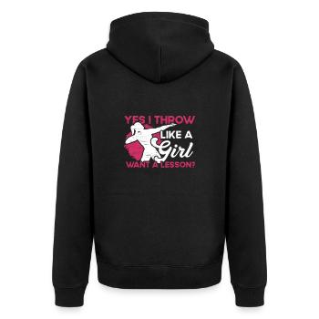 Ich Werfe Wie Ein Mädchen - Unisex Premium Bio Zip Hoodie - Schwarz - Hinten - Nico (187cm)