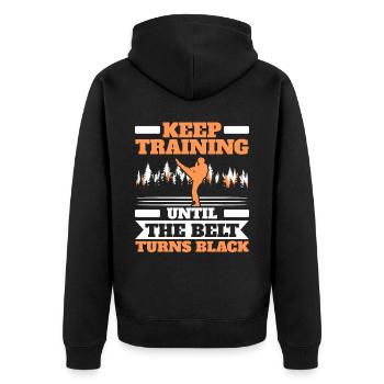Trainiere weiter, bis der Gürtel schwarzes Taekwondo wird - Unisex Premium Bio Zip Hoodie - Schwarz - Hinten - Nico (187cm)