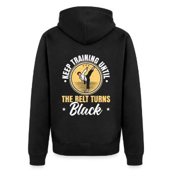 Trainiere weiter, bis der Gürtel schwarzes Taekwondo wird - Unisex Premium Bio Zip Hoodie - Schwarz - Hinten - Nico (187cm)