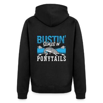 Bowfishing Bustin' Scales In Fisherman Bowfisher - Unisex Premium Bio Zip Hoodie - Schwarz - Hinten - Nico (187cm)
