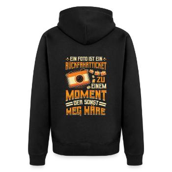 Foto Rückfahrticket Vergangenheit Fotograf. - Unisex Premium Bio Zip Hoodie - Schwarz - Hinten - Nico (187cm)