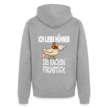 Ich liebe Hühner Die Kacken Frühstück - Unisex Premium Bio Zip Hoodie - Grau meliert - Hinten - Nico (187cm)