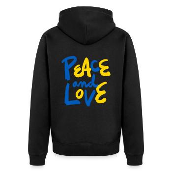Stand with Ukraine Peace No War - Unisex Premium Bio Zip Hoodie - Schwarz - Hinten - Nico (187cm)