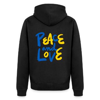 Stand with Ukraine Peace No War - Unisex Premium Bio Zip Hoodie - Schwarz - Hinten - Nico (187cm)