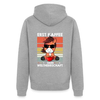 Pferd Reitsport Sonnenbrille Kaffee - Unisex Premium Bio Zip Hoodie - Grau meliert - Hinten - Nico (187cm)