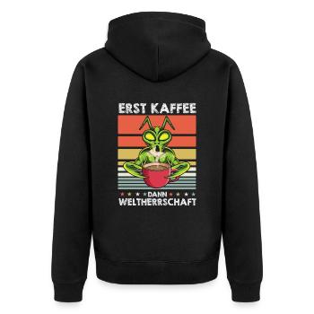 Mantis Gottesanbeterin Kaffee - Unisex Premium Bio Zip Hoodie - Schwarz - Hinten - Nico (187cm)