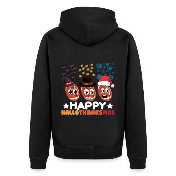 Happy Hello Thanksmas Halloween Thanksgiving Xmas - Unisex Premium Organic Zip Hoodie - black - Back - Nico (187cm)