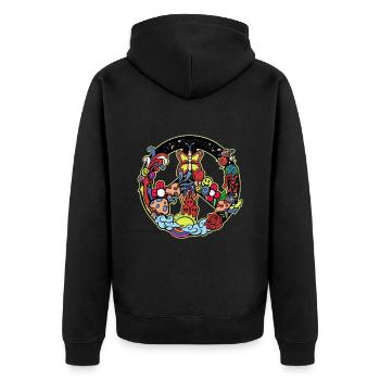 Hippie Tshirt Peace Bewegung Woodstock Boho Groove - Unisex Premium Bio Zip Hoodie - Schwarz - Hinten - Nico (187cm)