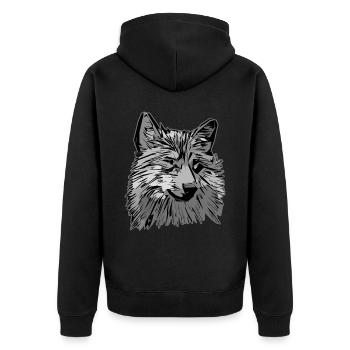 Wolfskopf wildes Tier Motiv Aufdruck mit Wolf - Unisex Premium Bio Zip Hoodie - Schwarz - Hinten - Nico (187cm)