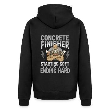 Starting Soft & Ending Hard Betonbauer - Unisex Premium Bio Zip Hoodie - Schwarz - Hinten - Nico (187cm)