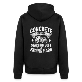 Starting Soft & Ending Hard Betonbauer - Unisex Premium Bio Zip Hoodie - Schwarz - Hinten - Nico (187cm)