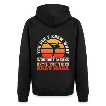 Krav Maga Apparel Israeli Self - Unisex Premium Bio Zip Hoodie - Schwarz - Hinten - Nico (187cm)