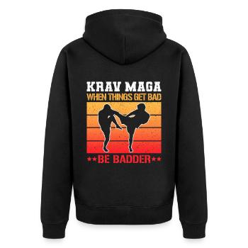 Krav Maga Apparel Israeli Self - Unisex Premium Bio Zip Hoodie - Schwarz - Hinten - Nico (187cm)