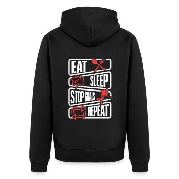 Essen, schlafen, Tore verteidigen Hockey - Unisex Premium Bio Zip Hoodie - Schwarz - Hinten - Nico (187cm)