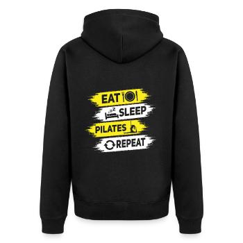 Eat sleep Pilates repeat lustiger Spruch - Unisex Premium Bio Zip Hoodie - Schwarz - Hinten - Nico (187cm)