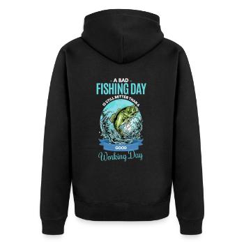 Lustiger Fischer Angler Spruch - Unisex Premium Bio Zip Hoodie - Schwarz - Hinten - Nico (187cm)