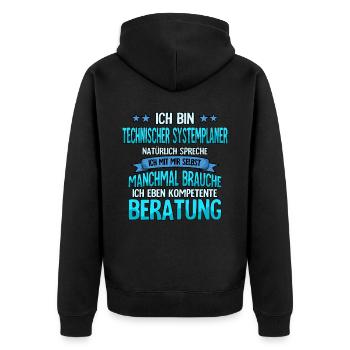 Technischer Systemplaner - Unisex Premium Bio Zip Hoodie - Schwarz - Hinten - Nico (187cm)