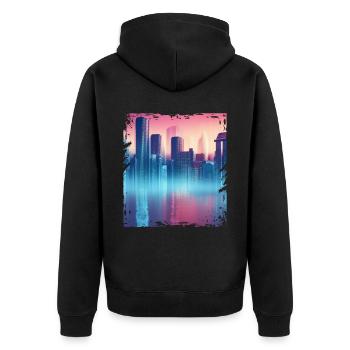 Futuristische Vaporwave City Skyline Cityscape Sci - Unisex Premium Bio Zip Hoodie - Schwarz - Hinten - Nico (187cm)