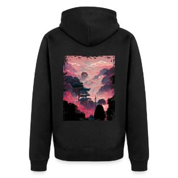 Japanische Landschaft Vaporwave Mountain Nature - Unisex Premium Bio Zip Hoodie - Schwarz - Hinten - Nico (187cm)