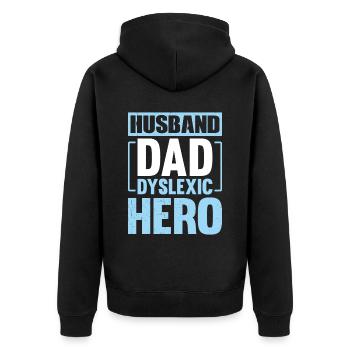 HUSBAND DAD DYSLEXIC HERO - Unisex Premium Bio Zip Hoodie - Schwarz - Hinten - Nico (187cm)