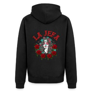 La Jefa - die Chefin - the Boss - Unisex Premium Bio Zip Hoodie - Schwarz - Hinten - Nico (187cm)