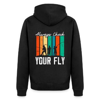 Überprüfen Sie immer Ihren Fliegenfischfischer Fischfänger - Unisex Premium Bio Zip Hoodie - Schwarz - Hinten - Nico (187cm)
