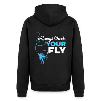 Überprüfen Sie immer Ihren Fliegenfischfischer Fischfänger - Unisex Premium Bio Zip Hoodie - Schwarz - Hinten - Nico (187cm)